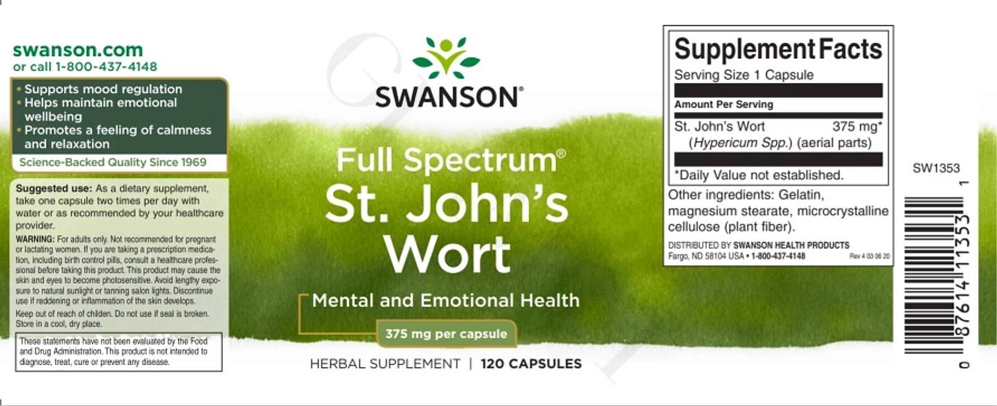 Swanson, Full Spectrum St. John's Wort label