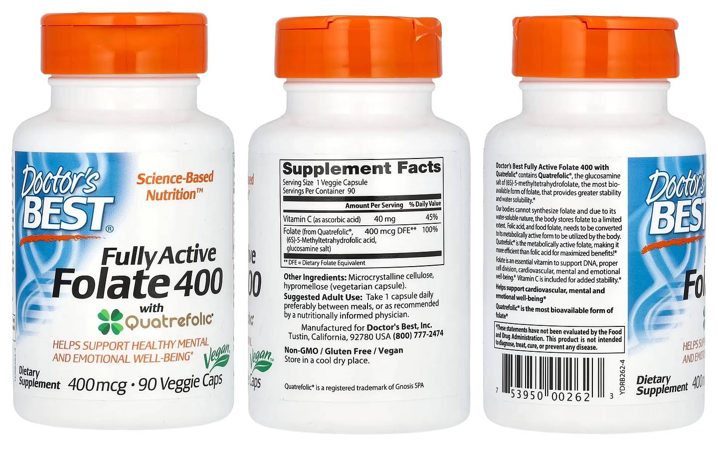 Doctor's Best, Fully Active Folate 400 with Quatrefolic packaging