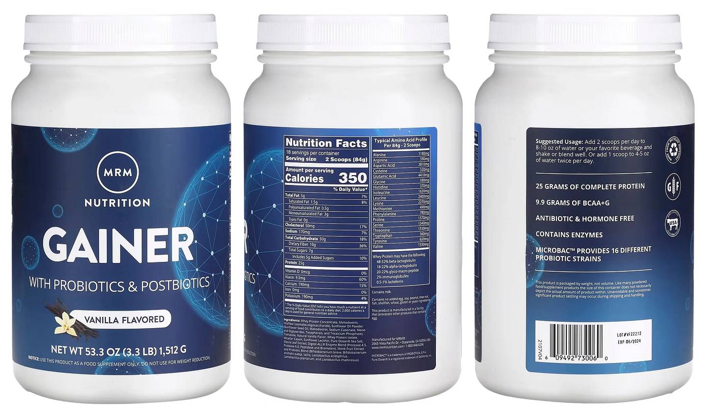 MRM Nutrition, Gainer with Probiotics & Postbiotics packaging