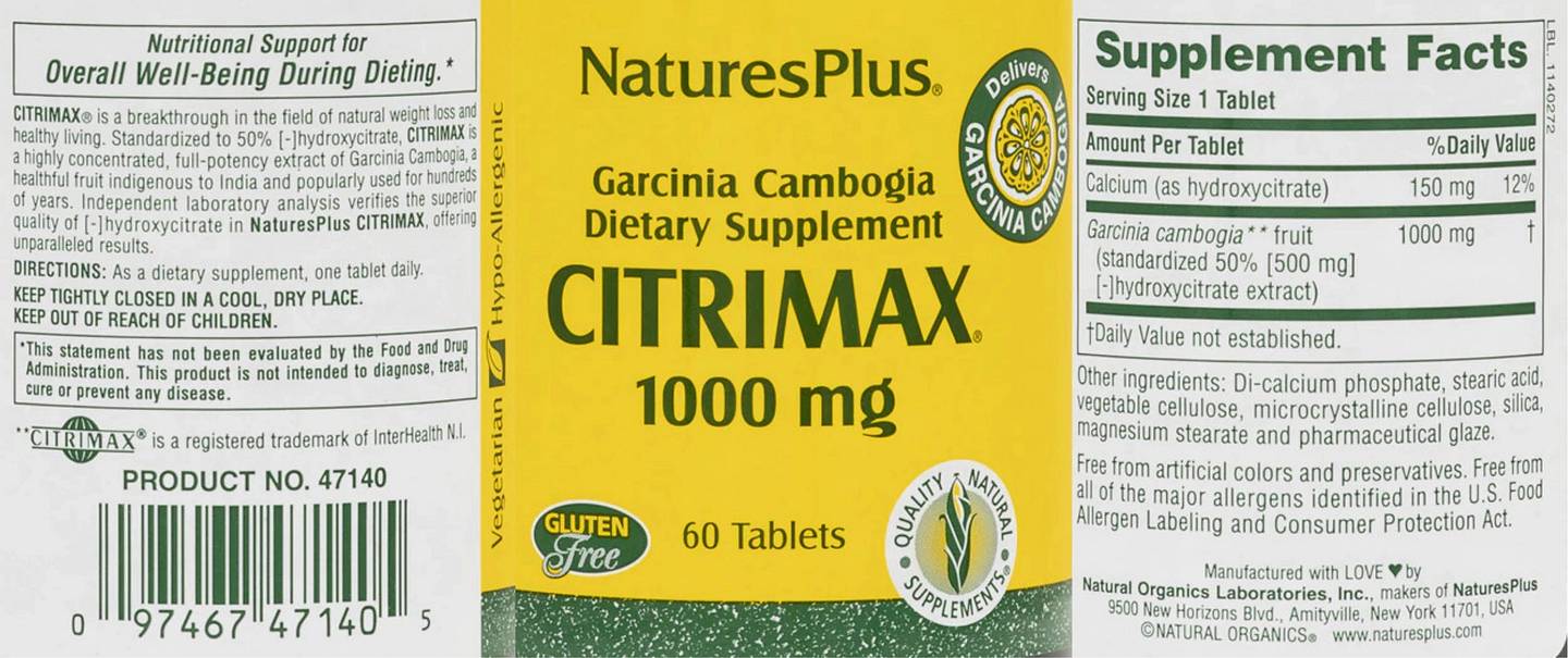 NaturesPlus, Garcinia Cambogia Super Citrimax label