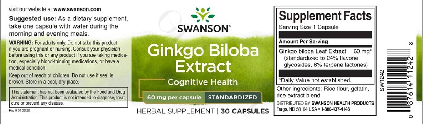 Swanson, Ginkgo Biloba Extract label