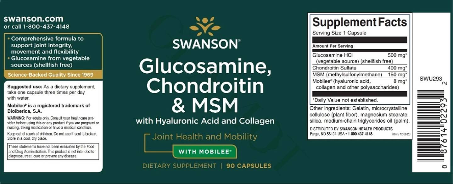 Swanson, Glucosamine, Chondroitin & MSM with Hyaluronic Acid and Collagen label