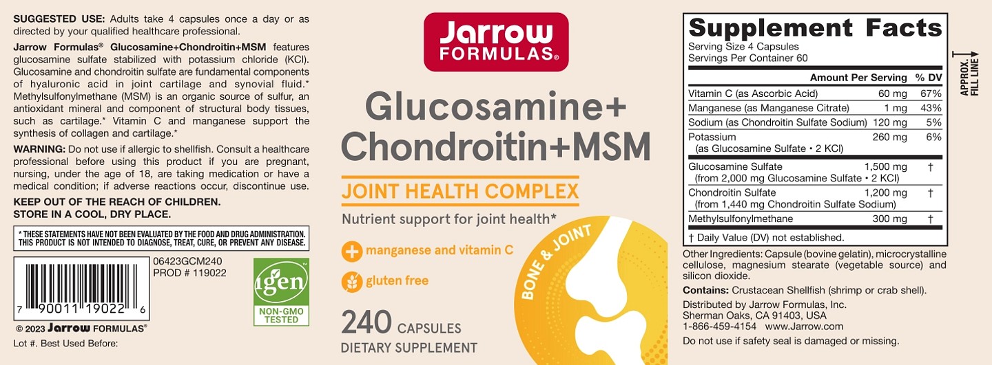 Jarrow Formulas, Glucosamine + Chondroitin + MSM label