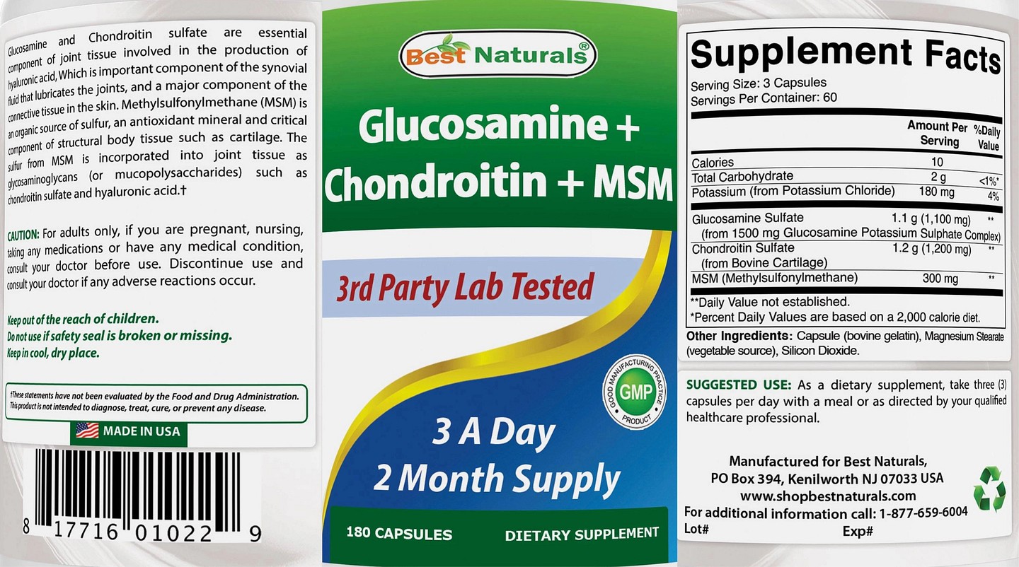 Best Naturals, Glucosamine + Chondroitin + MSM label