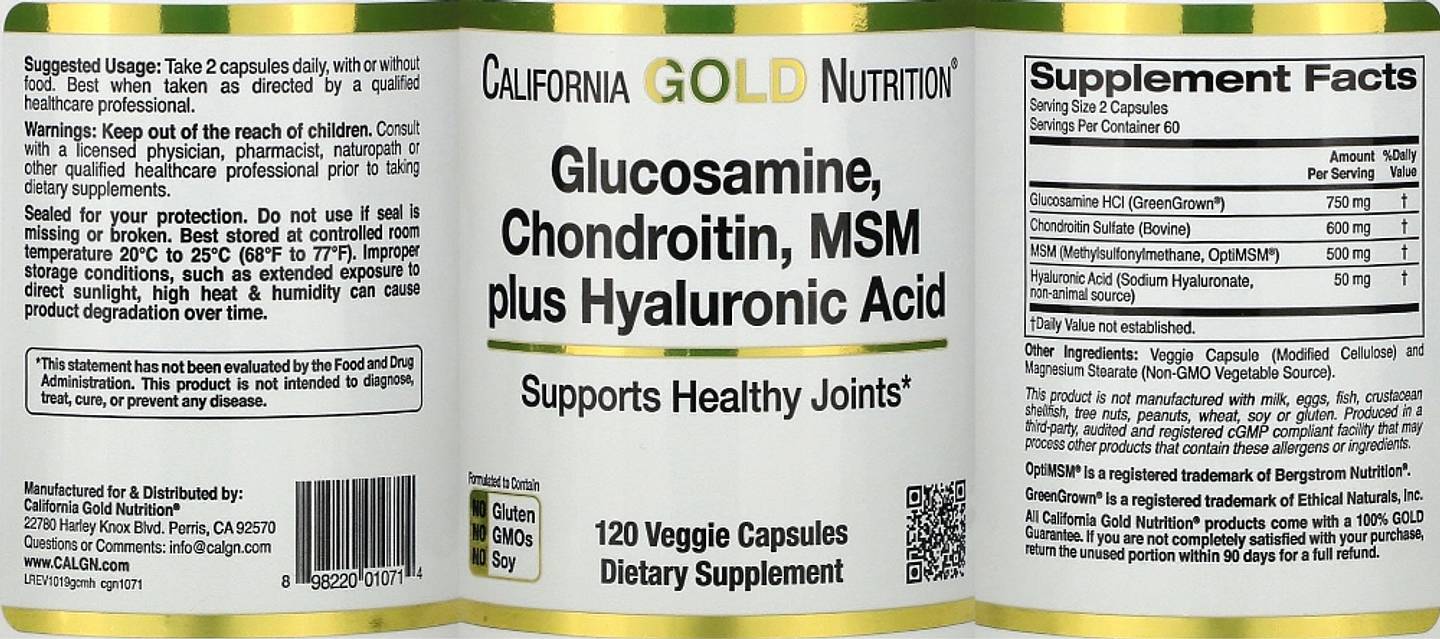 California Gold Nutrition, Glucosamine, Chondroitin, MSM Plus Hyaluronic Acid label