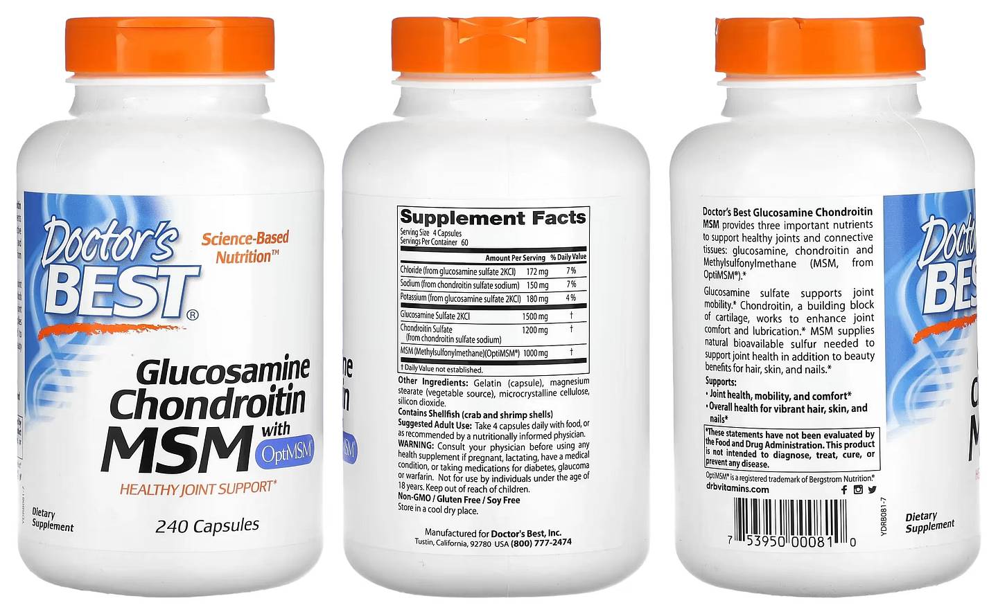 Doctor's Best, Glucosamine Chondroitin MSM with OptiMSM packaging