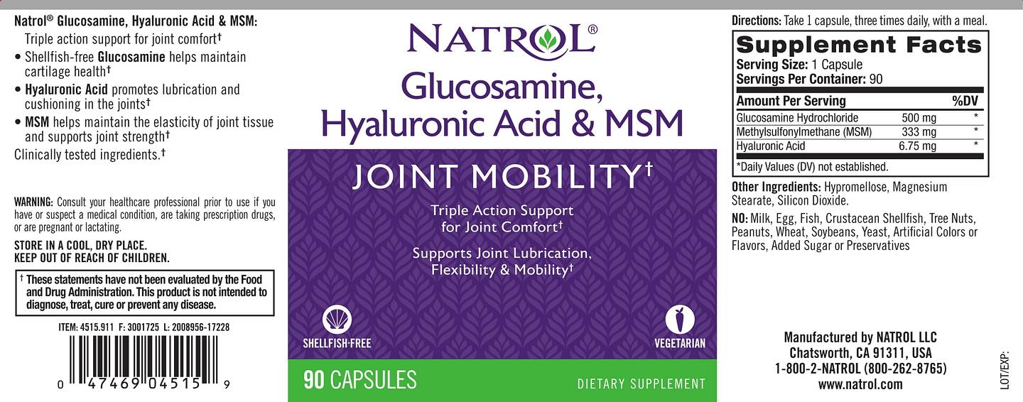 Natrol, Glucosamine, Hyaluronic Acid & MSM label