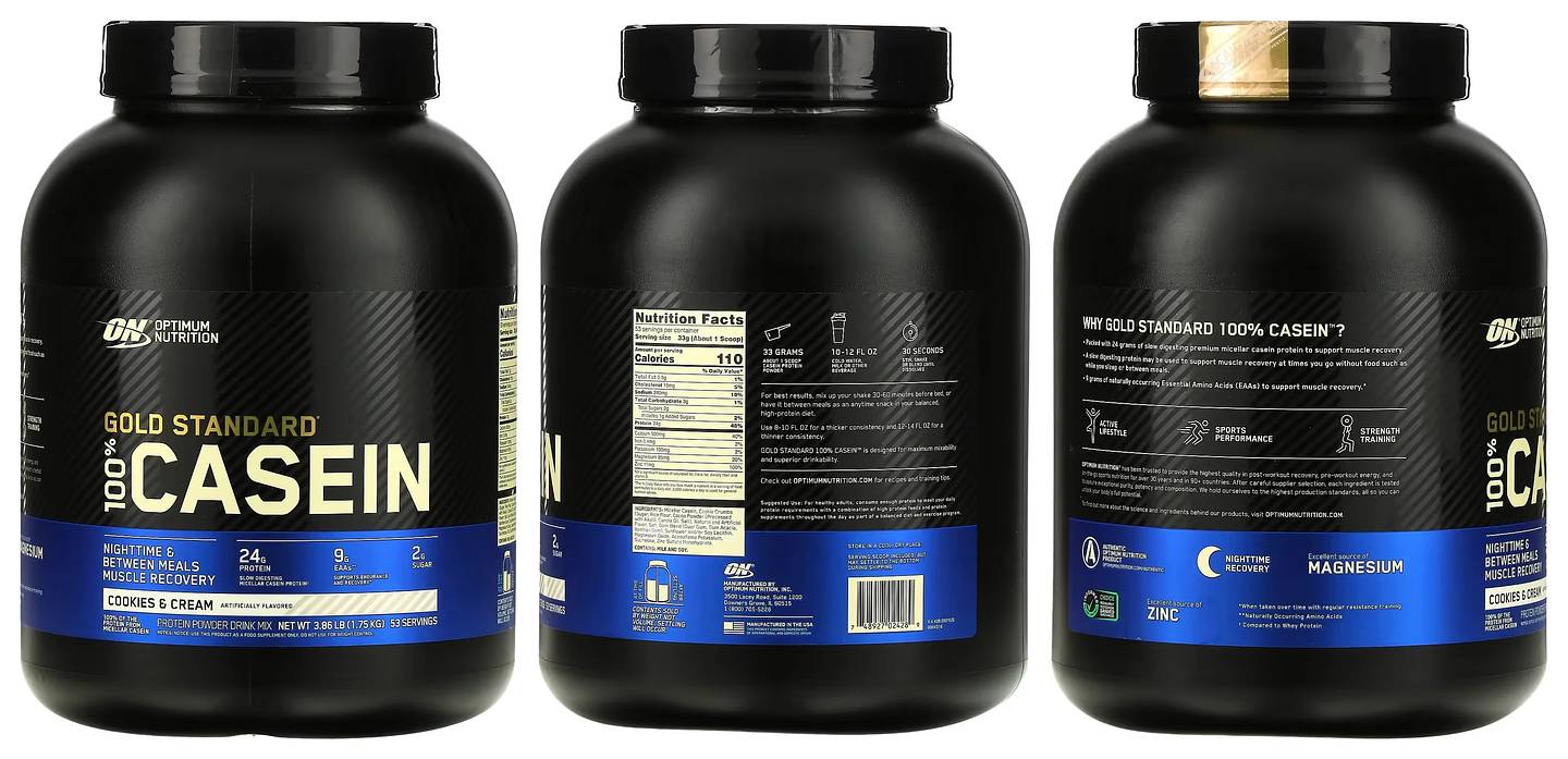 Optimum Nutrition, Gold Standard 100% Casein, Cookies & Cream packaging