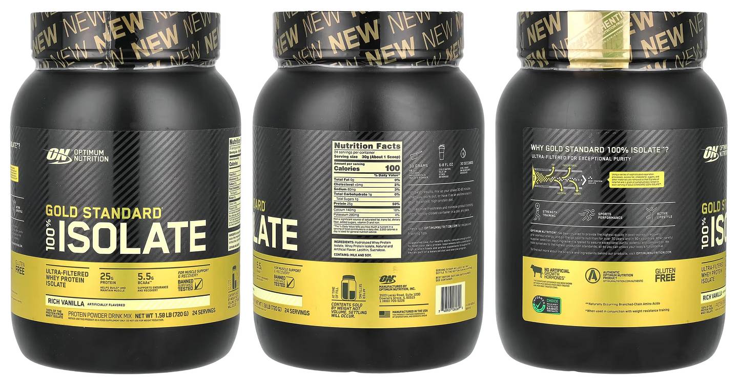 Optimum Nutrition, Gold Standard 100% Isolate, Rich Vanilla packaging