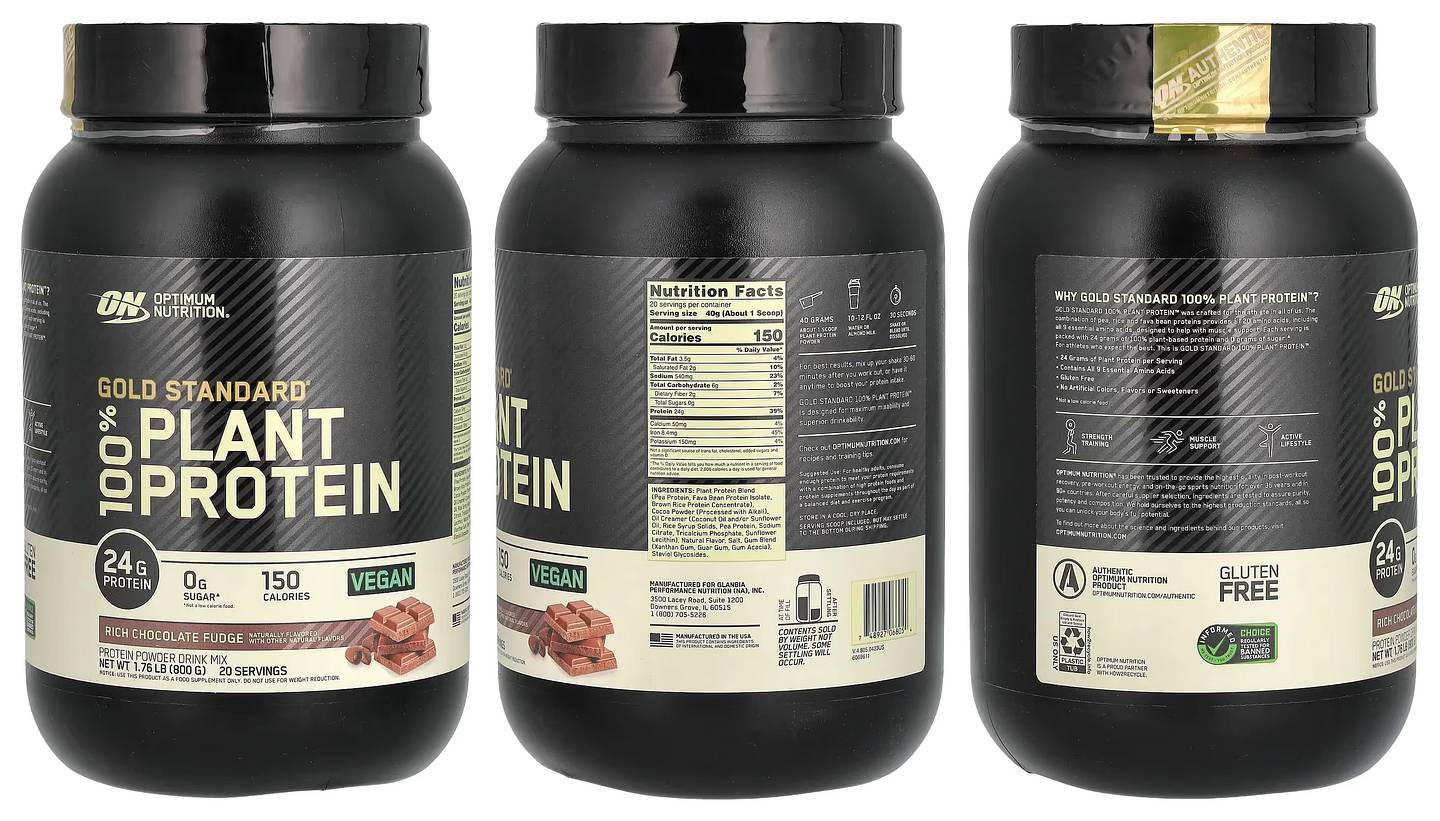 Optimum Nutrition, Gold Standard 100% Plant Protein, Rich Chocolate Fudge packaging