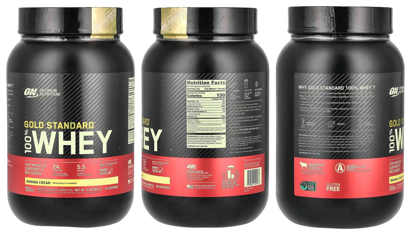 Optimum Nutrition, Gold Standard 100% Whey packaging