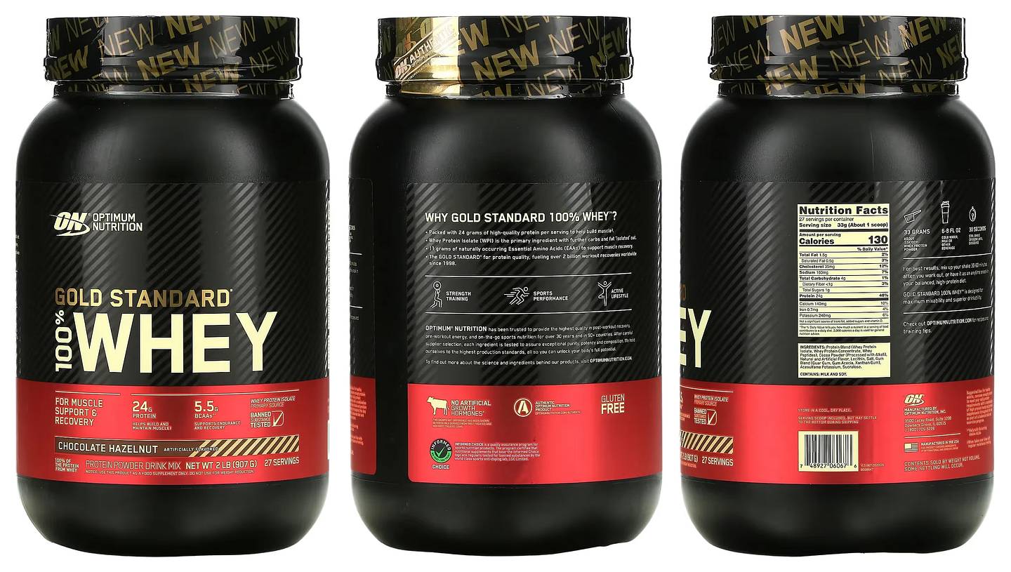 Optimum Nutrition, Gold Standard 100% Whey packaging