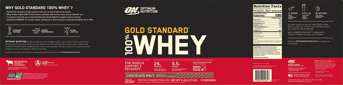 Optimum Nutrition, Gold Standard 100% Whey, Chocolate Malt label