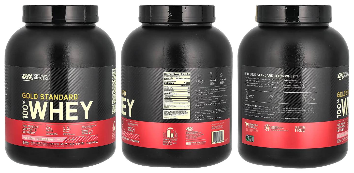 Optimum Nutrition, Gold Standard 100% Whey, Delicious Strawberry packaging
