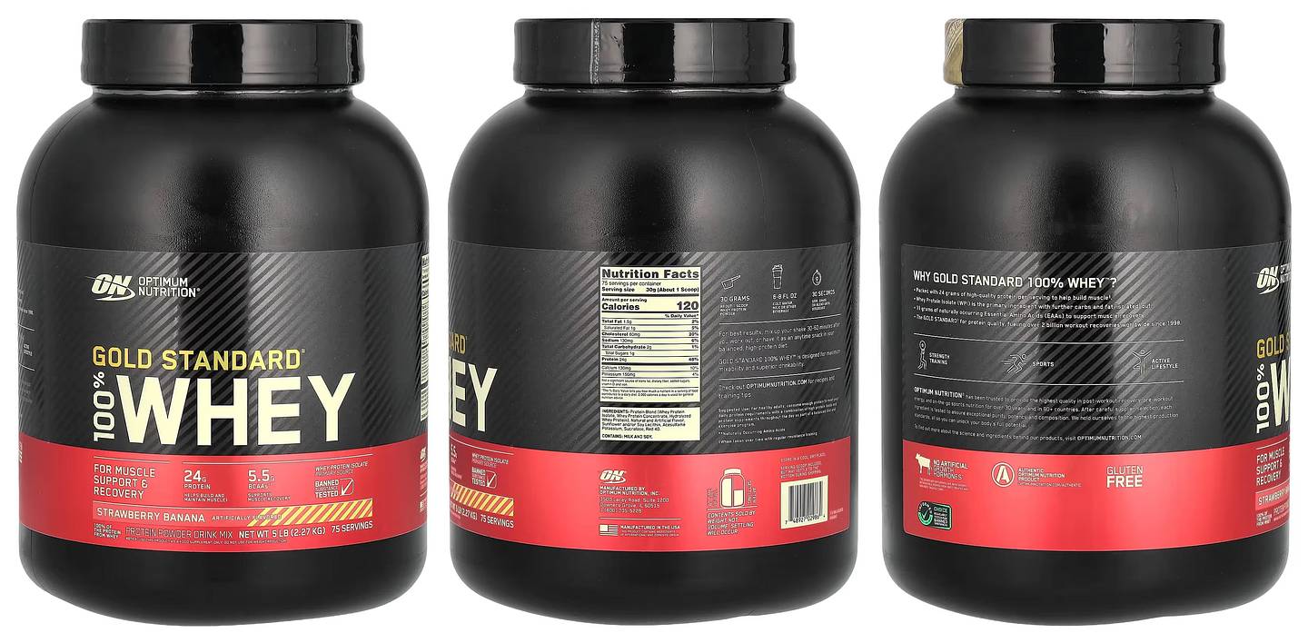 Optimum Nutrition, Gold Standard 100% Whey, Strawberry Banana packaging