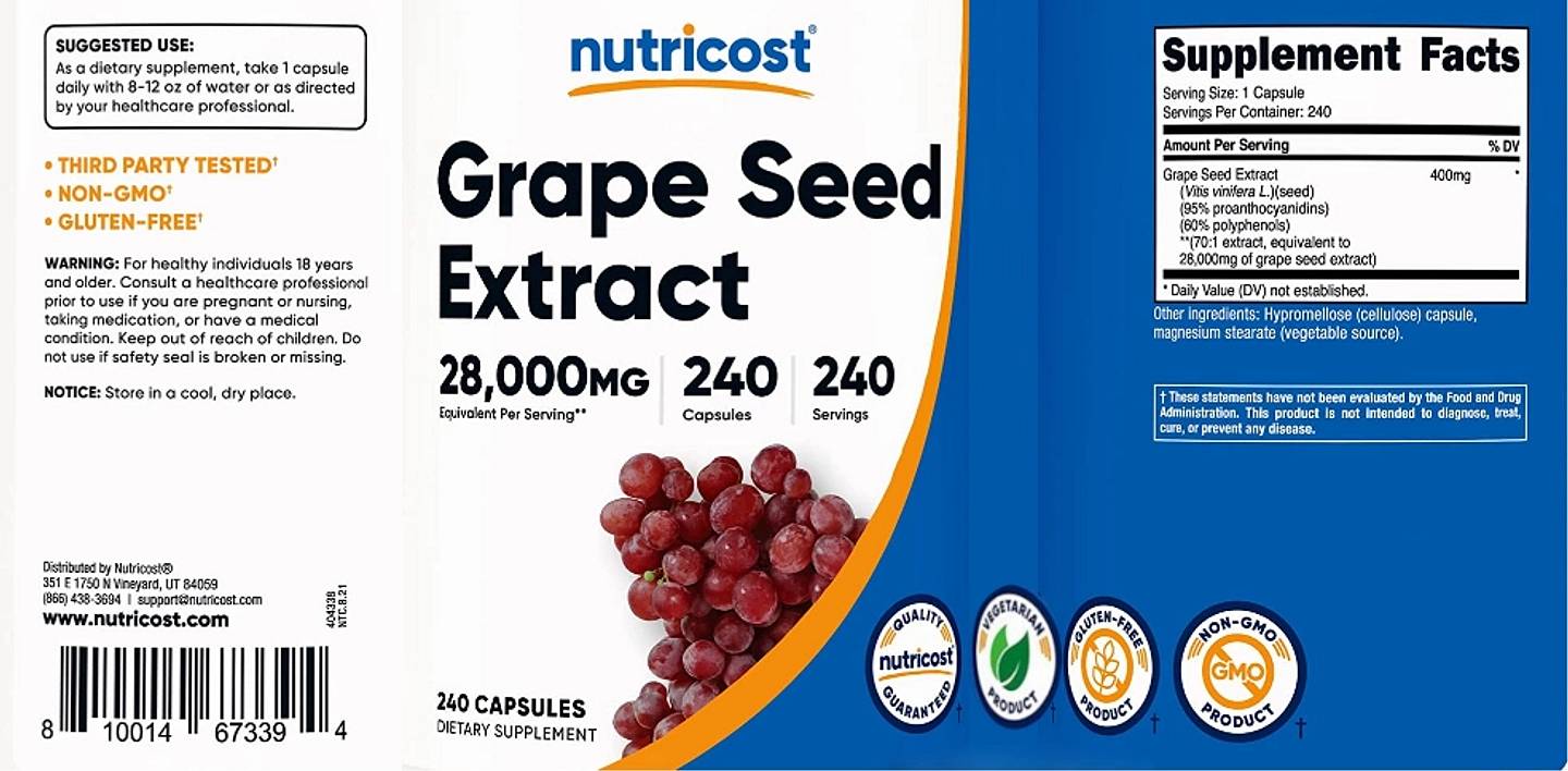 Nutricost, Grape Seed Extract label