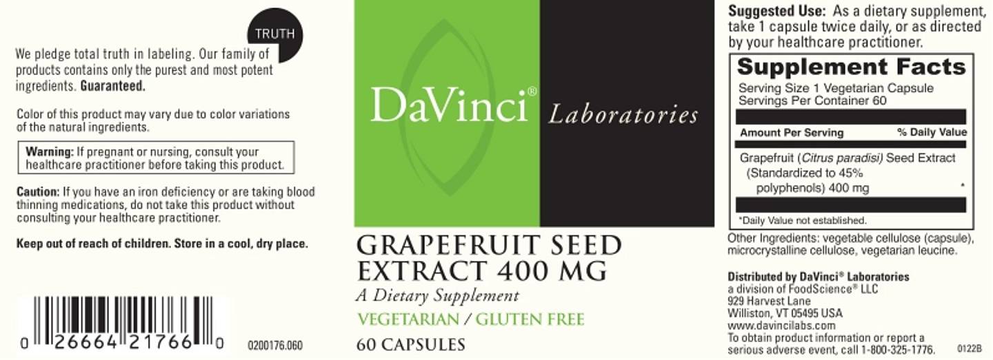 DaVinci Laboratories of Vermont, Grapefruit Seed Extract label