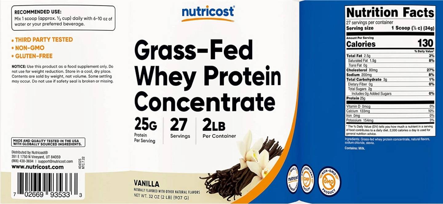 Nutricost, Grass-Fed Whey Protein Concentrate, Vanilla label