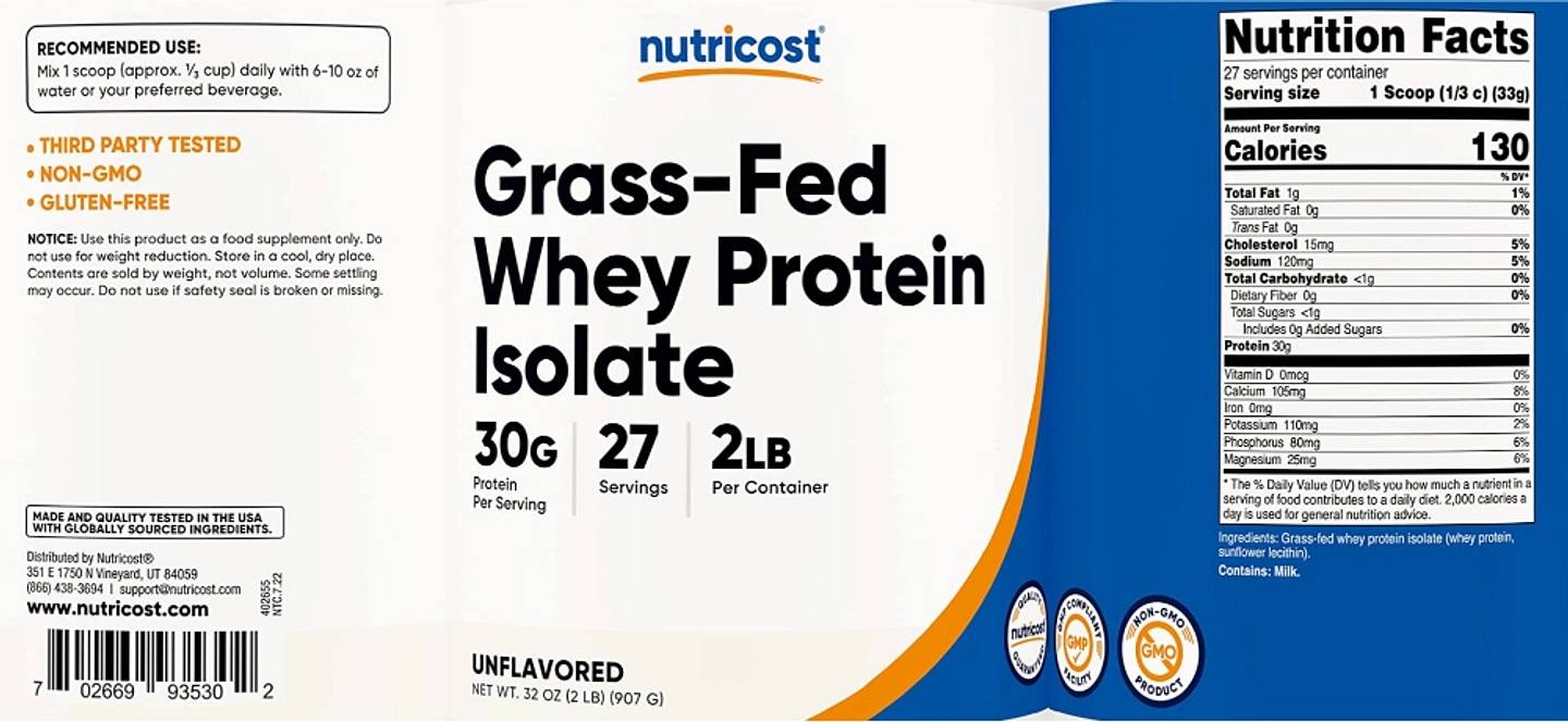 Nutricost, Grass-Fed Whey Protein Isolate label