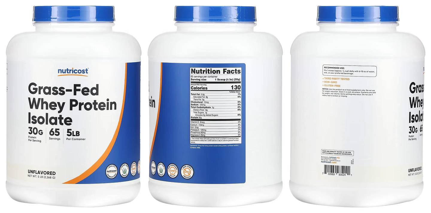 Nutricost, Grass-Fed Whey Protein Isolate packaging