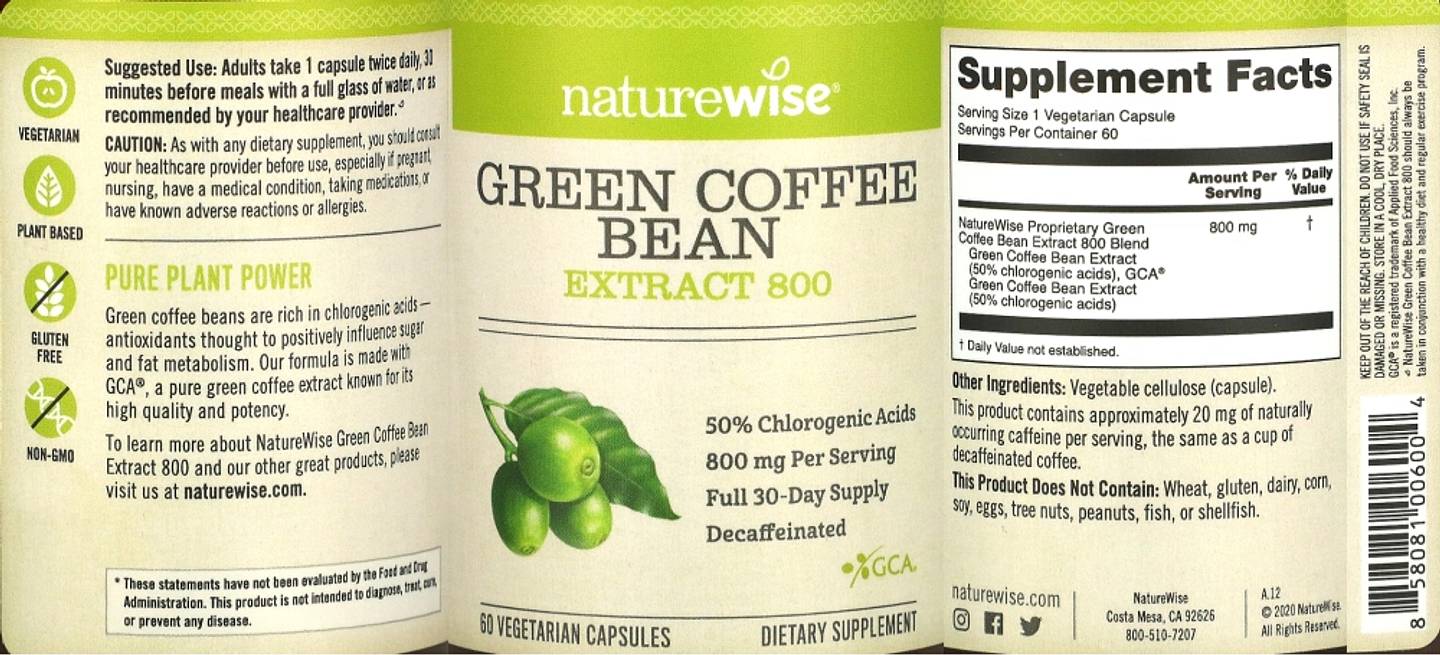 NatureWise, Green Coffee Bean Extract 800 label