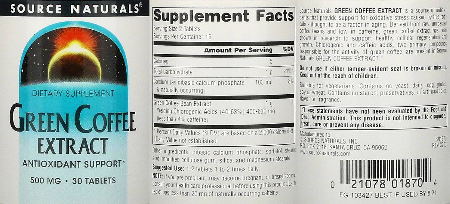 Source Naturals, Green Coffee Extract label