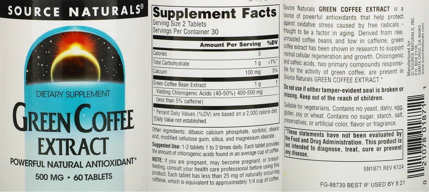 Source Naturals, Green Coffee Extract label