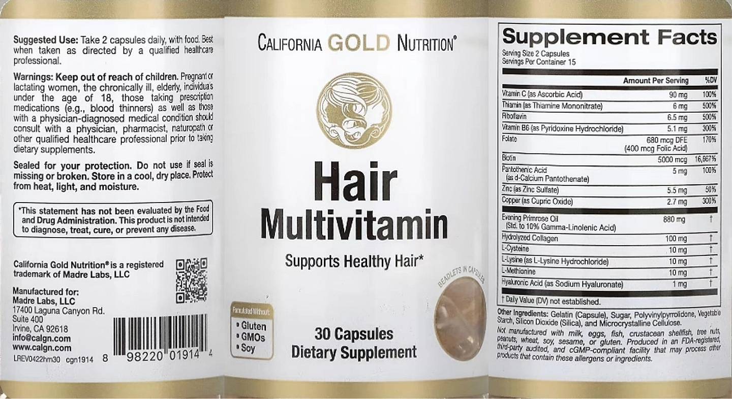 California Gold Nutrition, Hair Multivitamin label