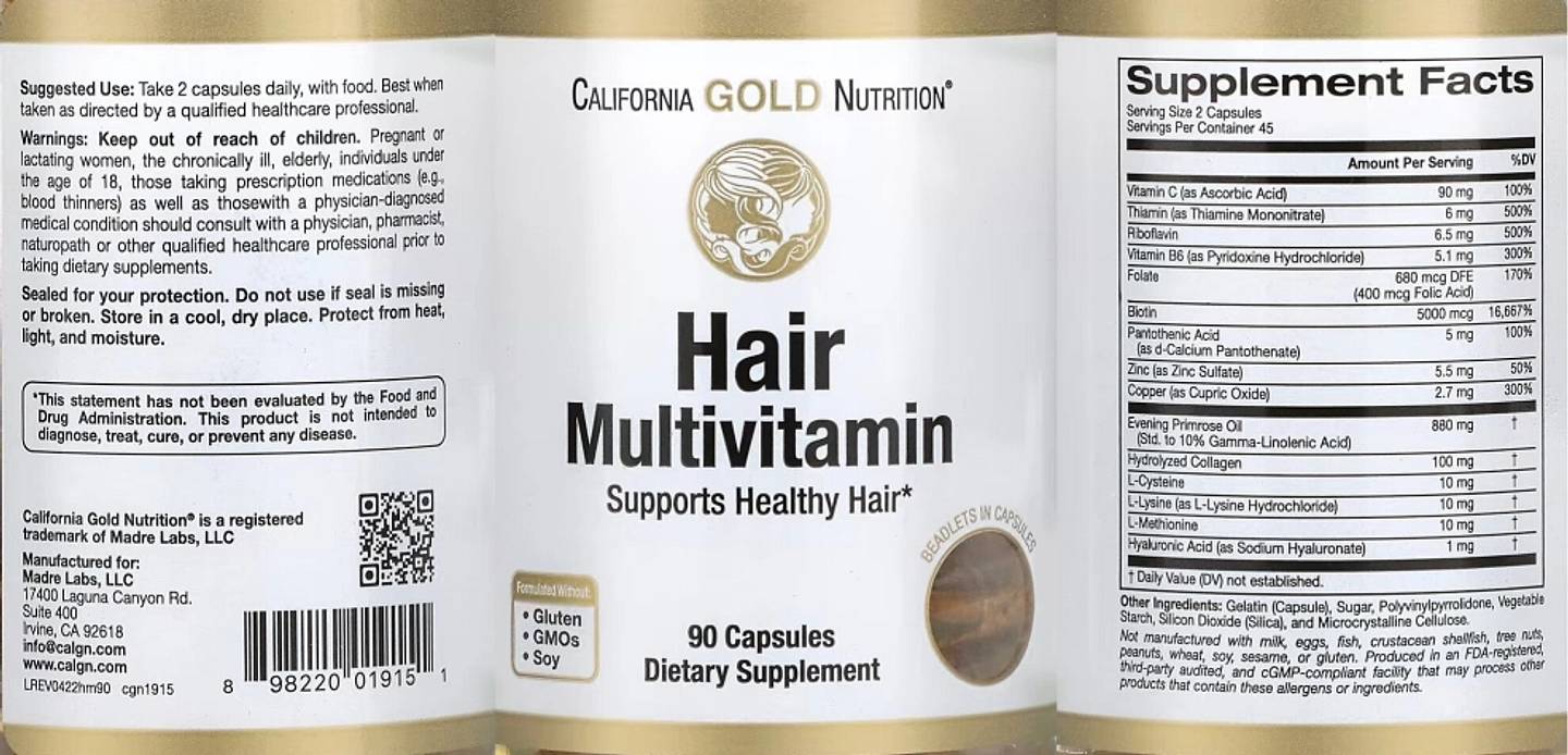 California Gold Nutrition, Hair Multivitamin label