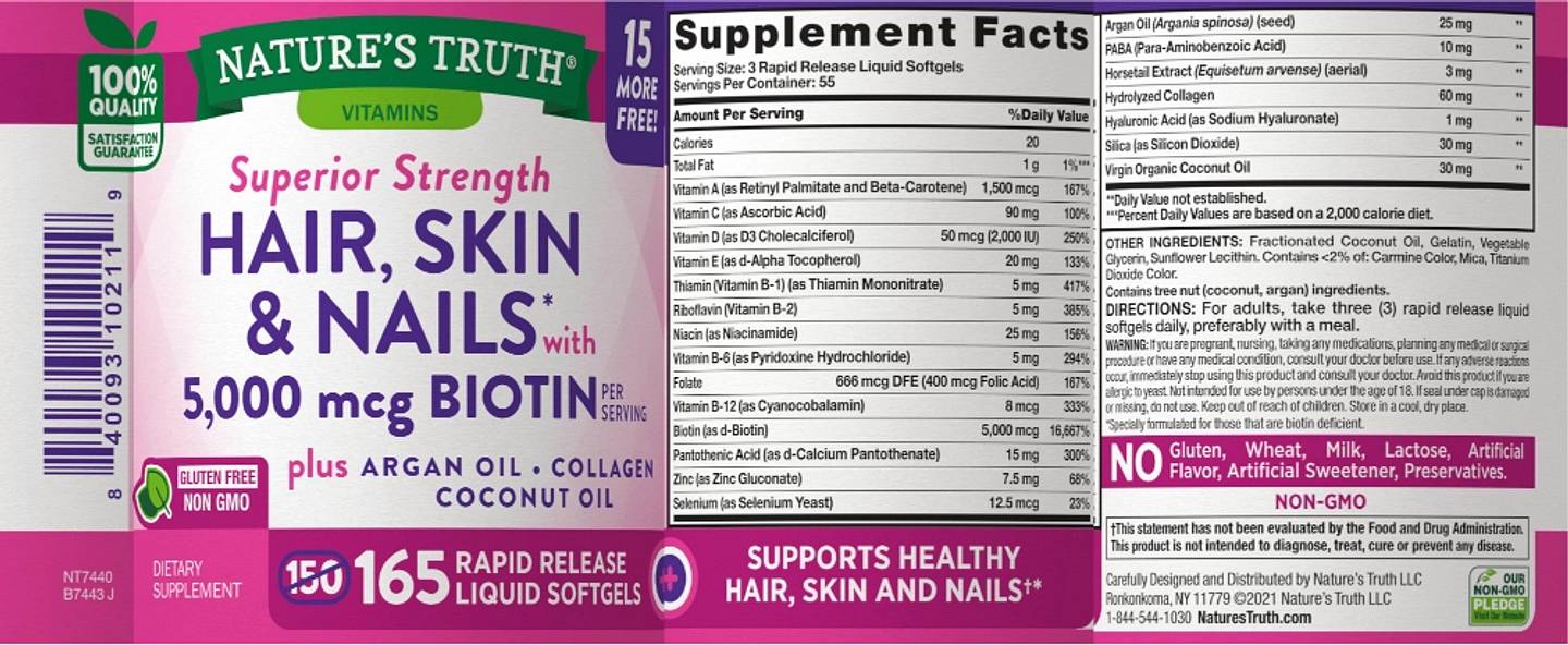 Nature's Truth, Hair, Skin & Nails with Biotin, 5,000 mcg label