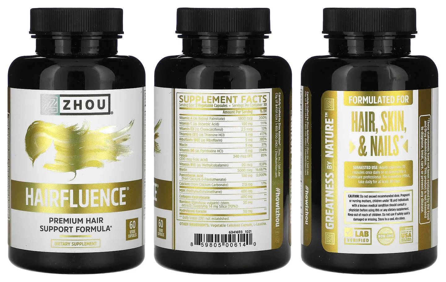 Zhou Nutrition, Hairfluence, Premium Hair Support Formula packaging