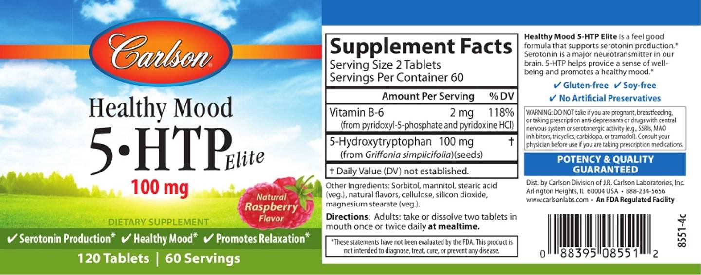 Carlson, Healthy Mood, 5-HTP Elite, Natural Raspberry label