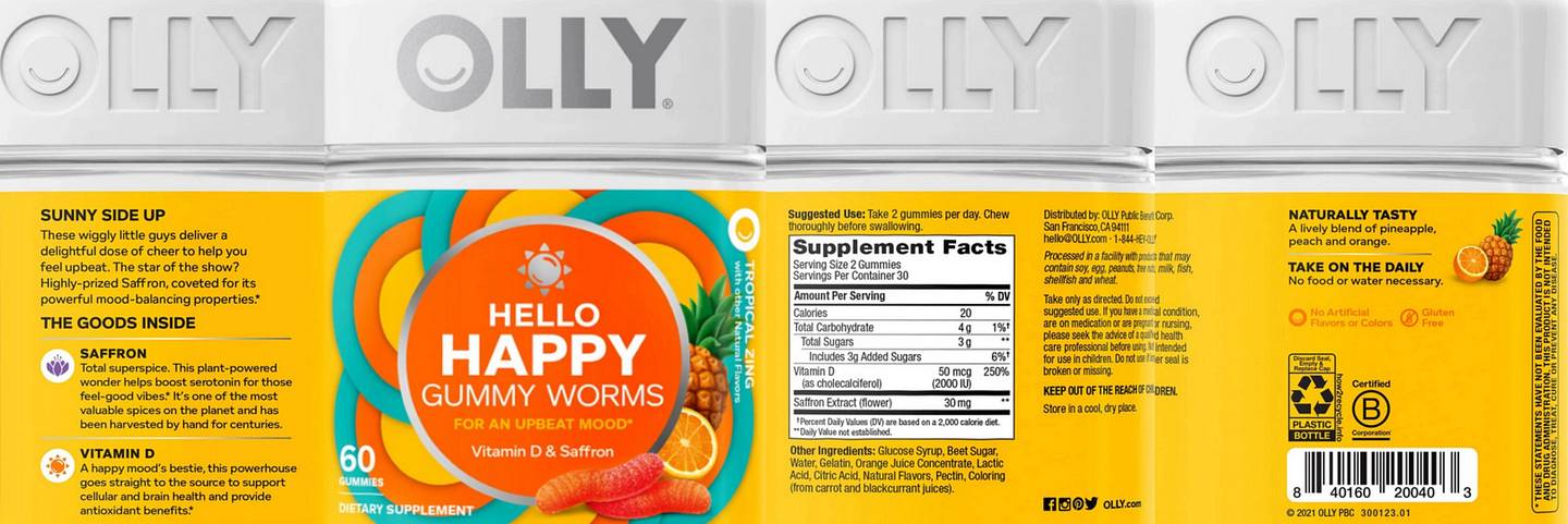 OLLY, Hello Happy, Gummy Worms, Tropical Zing label