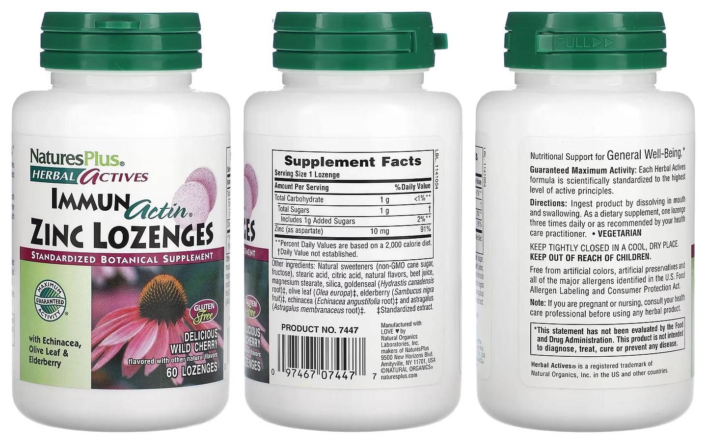 NaturesPlus, Herbal Actives Immun Actin Zinc Lozenges packaging