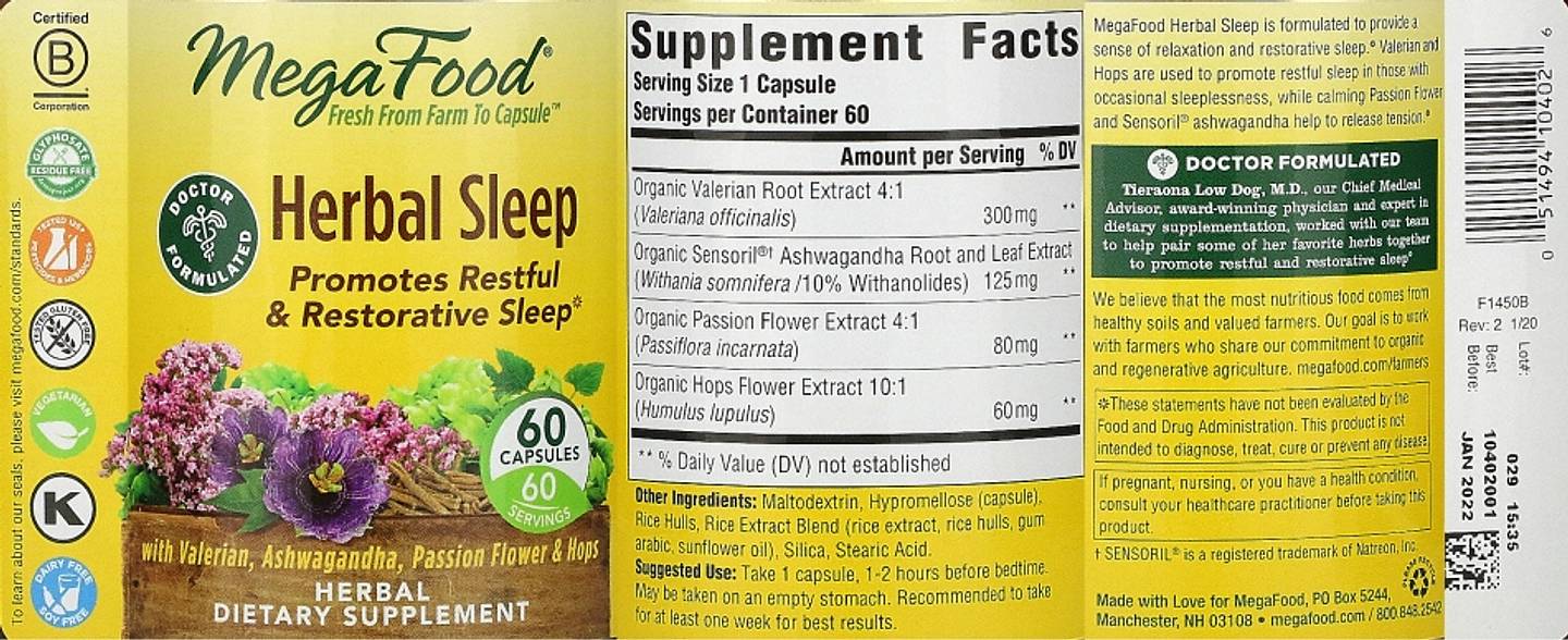 MegaFood, Herbal Sleep label