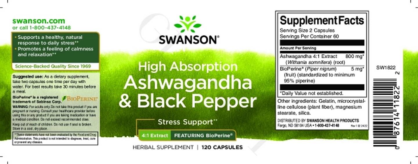 Swanson, High Absorption Ashwagandha & Black Pepper label