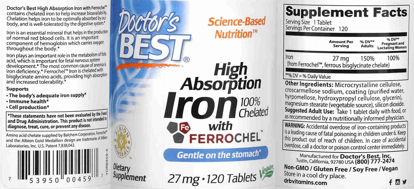 Doctor's Best, High Absorption Iron with Ferrochel label