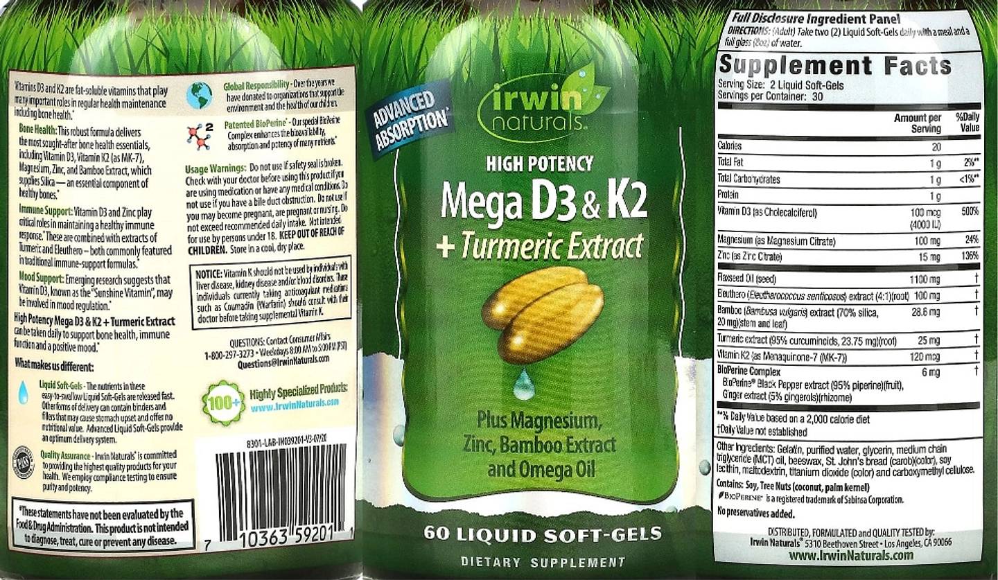 Irwin Naturals, High Potency Mega D3 & K2 + Turmeric Extract label