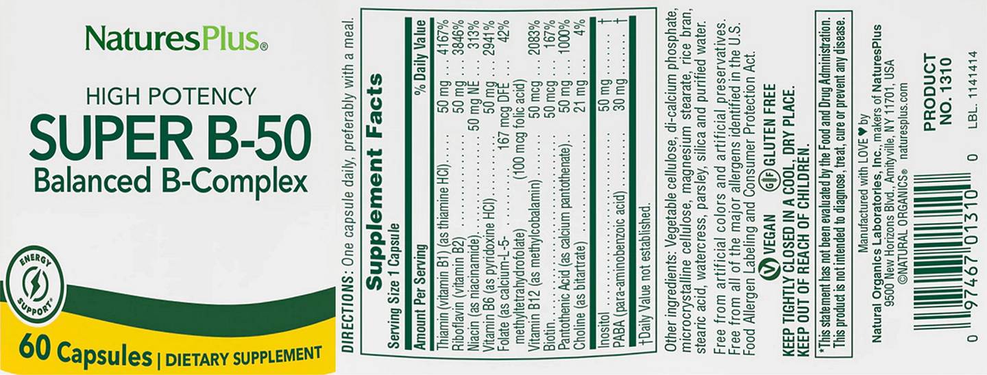 NaturesPlus, High Potency Super B-50 label