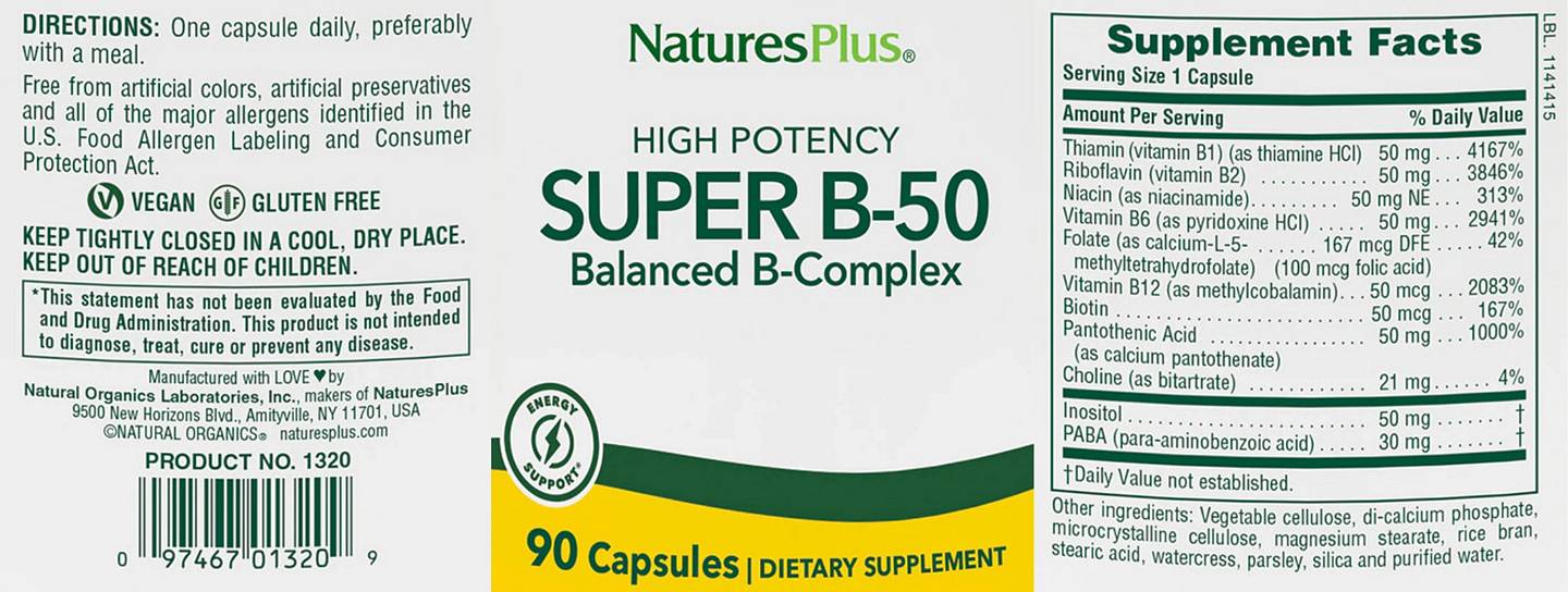 NaturesPlus, High Potency Super B-50 label