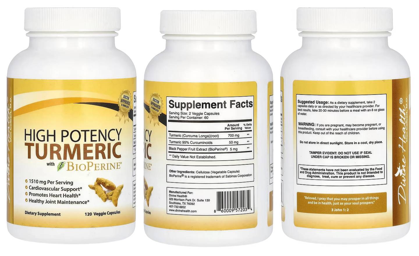 Divine Health, High Potency Turmeric With BioPerine packaging