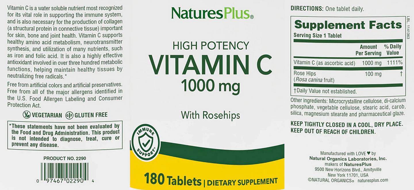 NaturesPlus, High Potency Vitamin C With Rosehips label