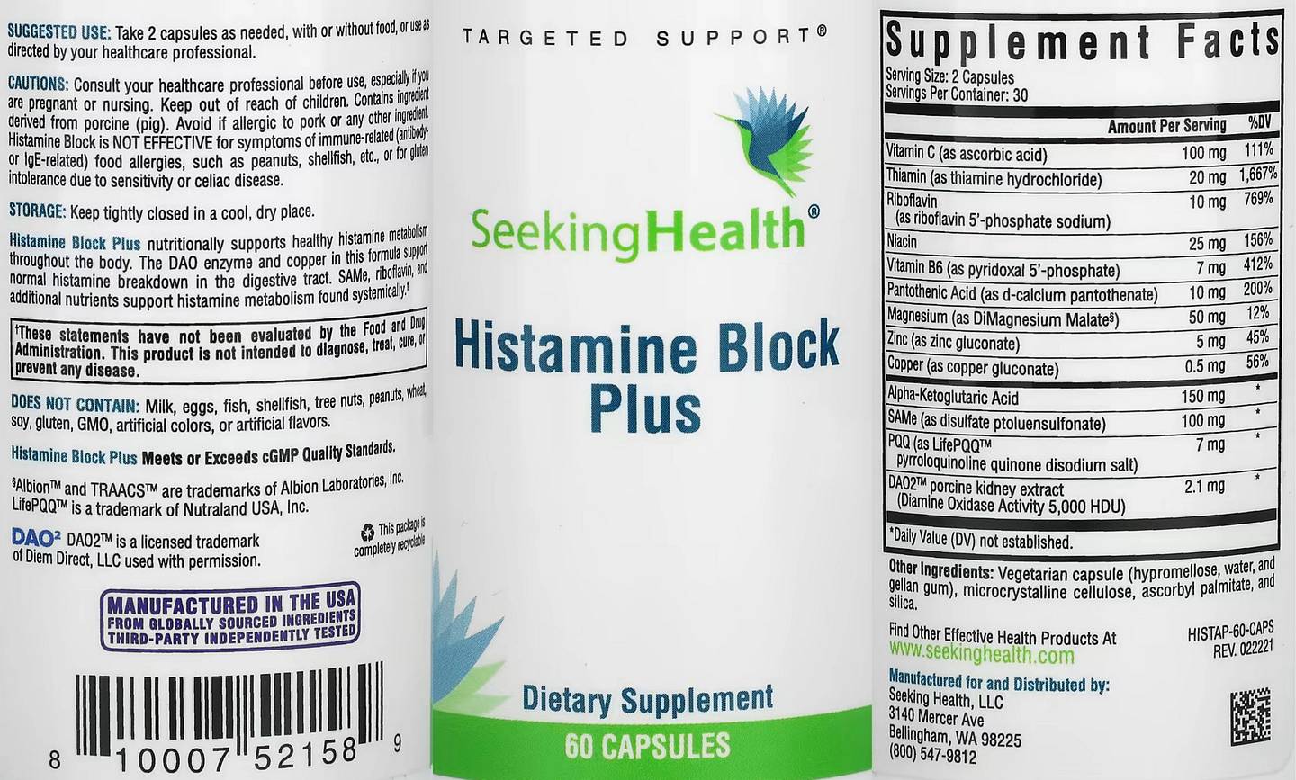 Seeking Health, Histamine Nutrients label