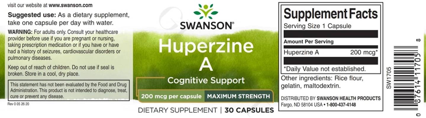 Swanson, Huperine A, Maximum Strength, 200 mcg label