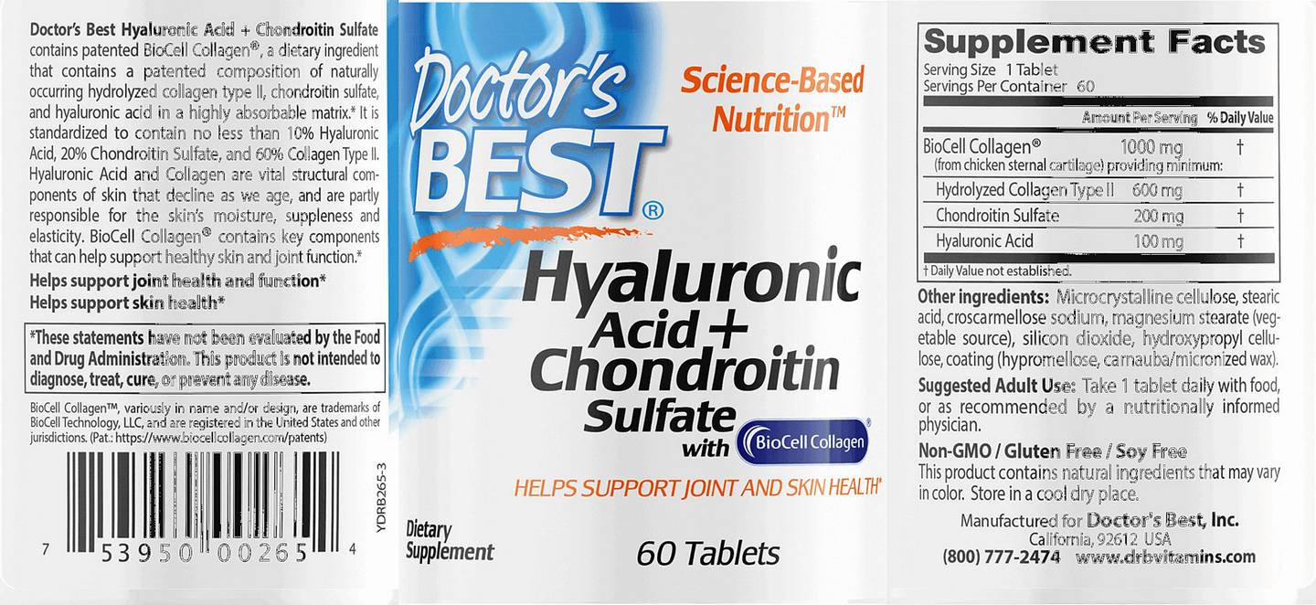 Doctor's Best, Hyaluronic Acid + Chondroitin Sulfate with BioCell Collagen label