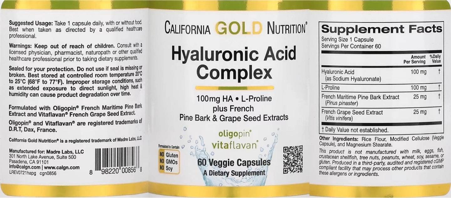 California Gold Nutrition, Hyaluronic Acid Complex label