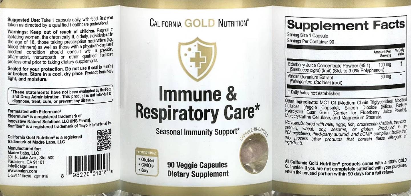 California Gold Nutrition, Immune & Respiratory Care label