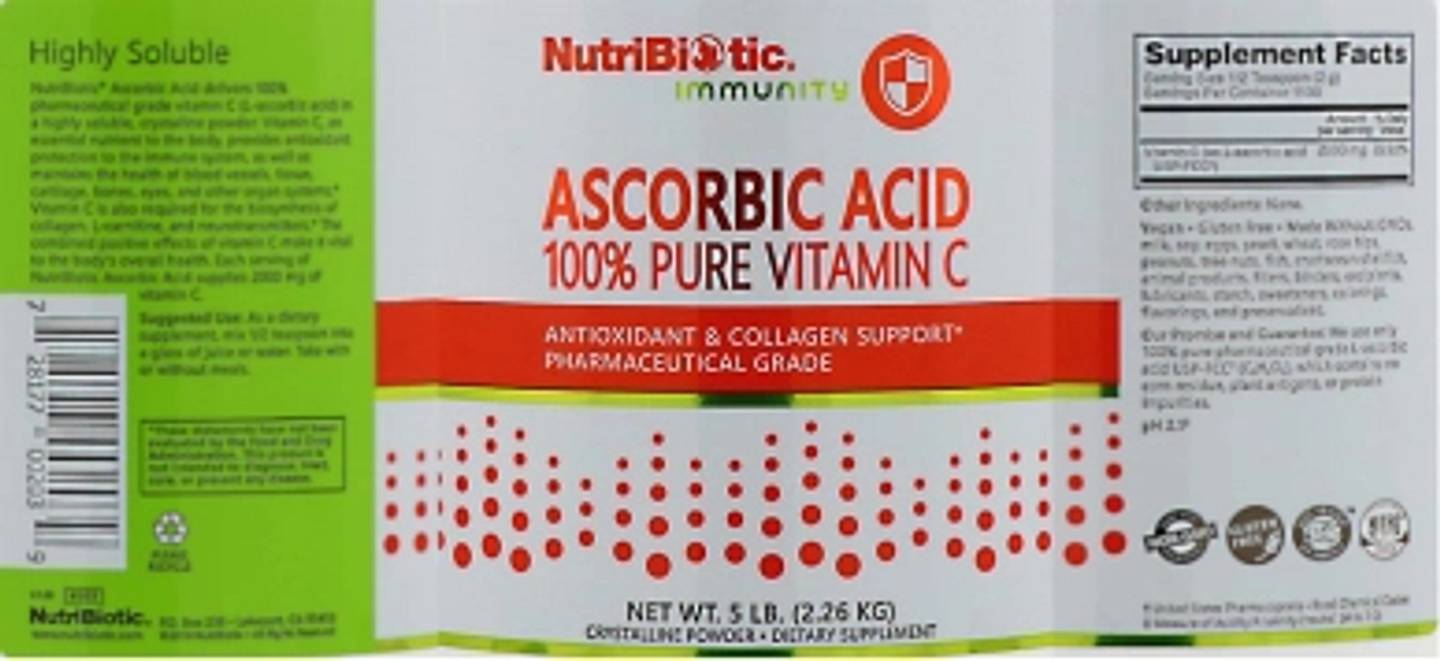 NutriBiotic, Immunity, Ascorbic Acid, 100% Pure Vitamin C, Crystalline Powder label