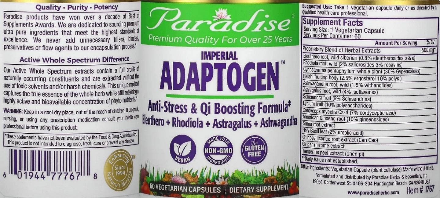 Paradise Herbs, Imperial Adaptogen label