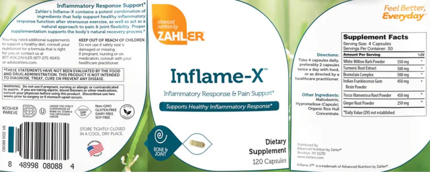 Zahler, Inflame-X, Inflammatory Response & Pain Support label